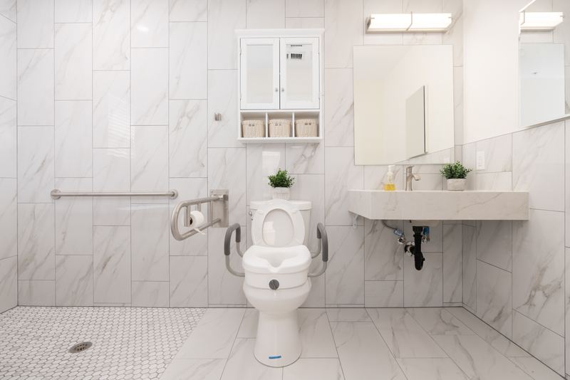 Accessible bathroom with grab bars, a raised toilet and a wall-mounted sink
