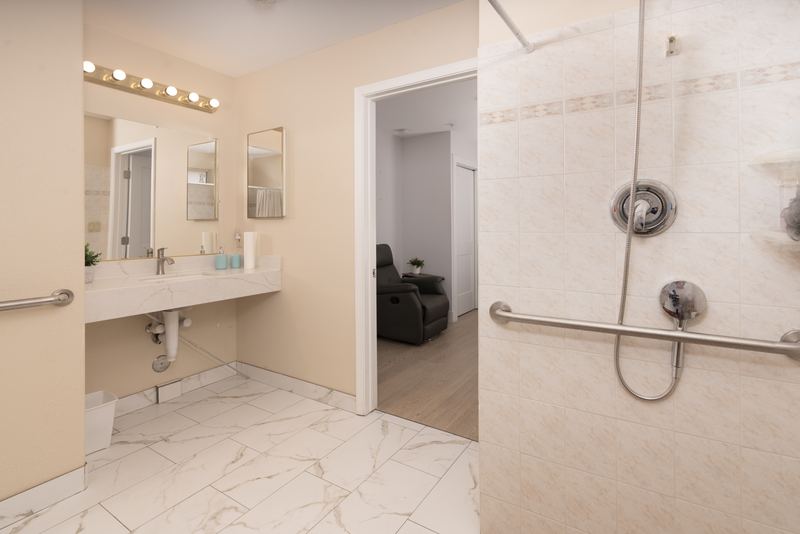 Vanity area with a wide mirror and a roll-in shower with grab bars