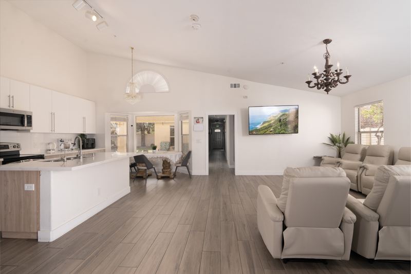 Open-plan kitchen and living room under a vaulted ceiling